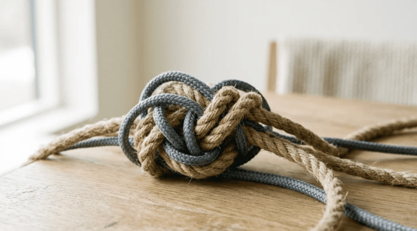 A tangled knot of interwoven rope, symbolizing enmeshment in relationships